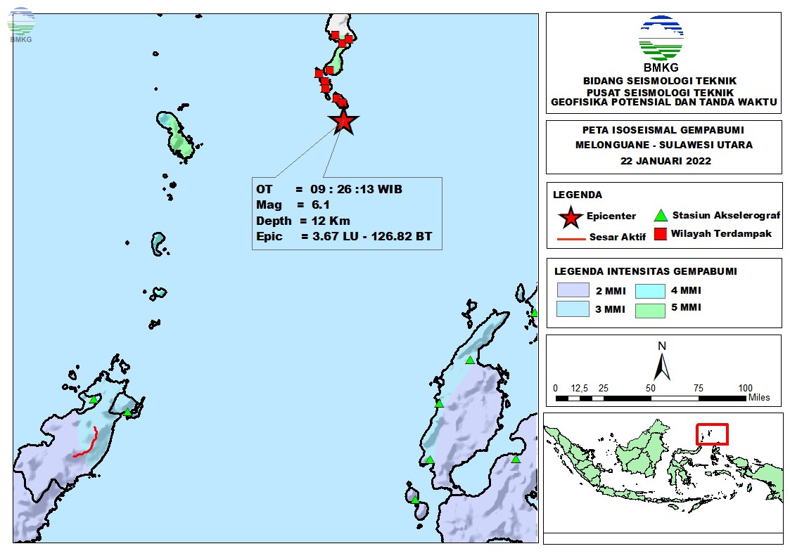 Peta Isoseismal Gempabumi Melonguane - Sulawesi Utara, 22 Januari 2022