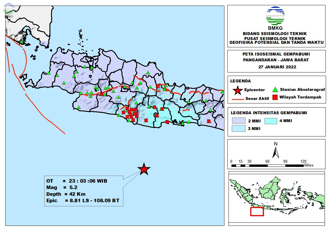 Peta Isoseismal Gempabumi Pangandaran - Banten, 27 Januari 2022