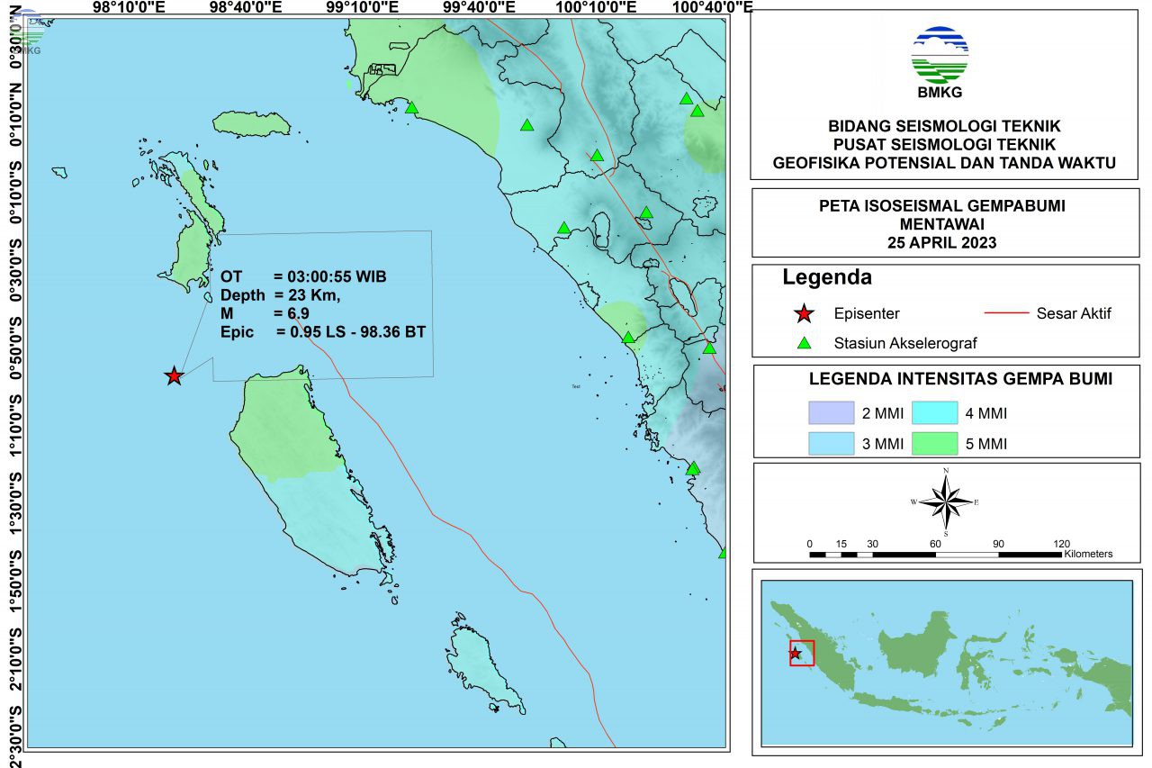 Peta Isoseismal Gempabumi Mentawai - Sumatra Barat, 25 April 2023