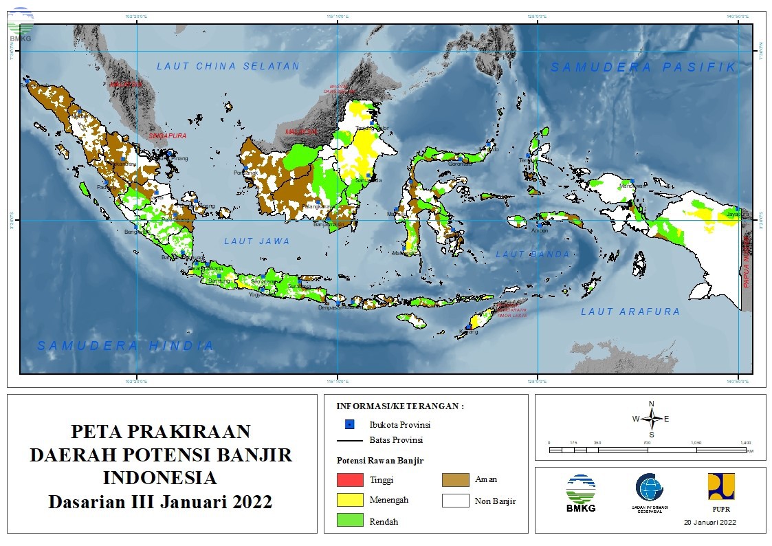 Prakiraan Daerah Potensi Banjir Dasarian III Januari dan Dasarian I-II Februari 2022