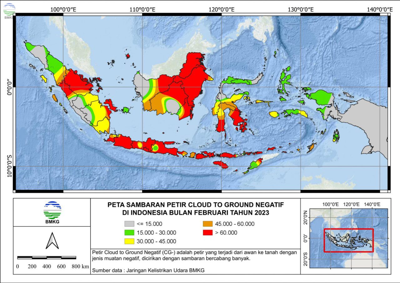 Peta Sambaran Petir Cloud To Ground Negatif di Indonesia Bulan Februari 2023