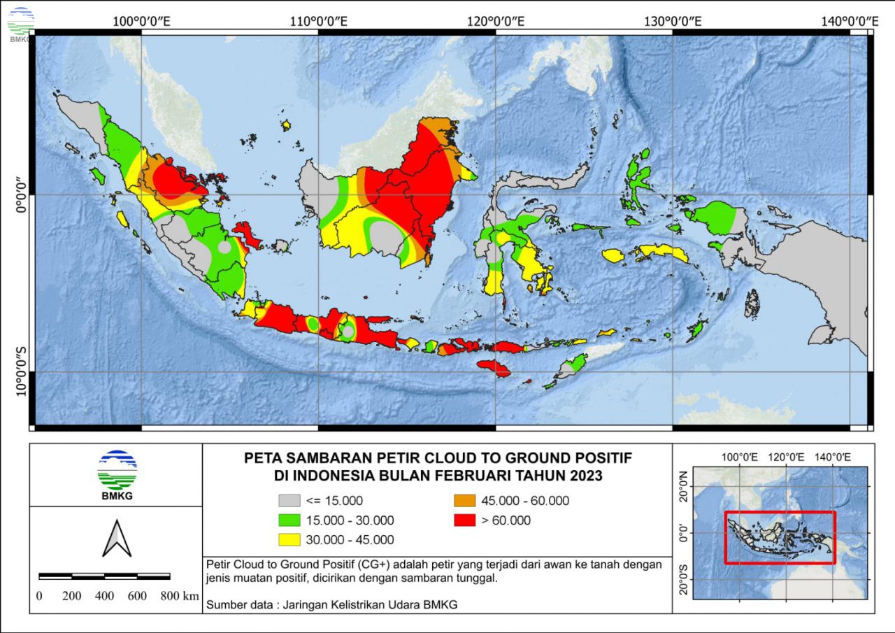 Peta Sambaran Petir Cloud to Ground Positif di Indonesia Bulan Februari 2023