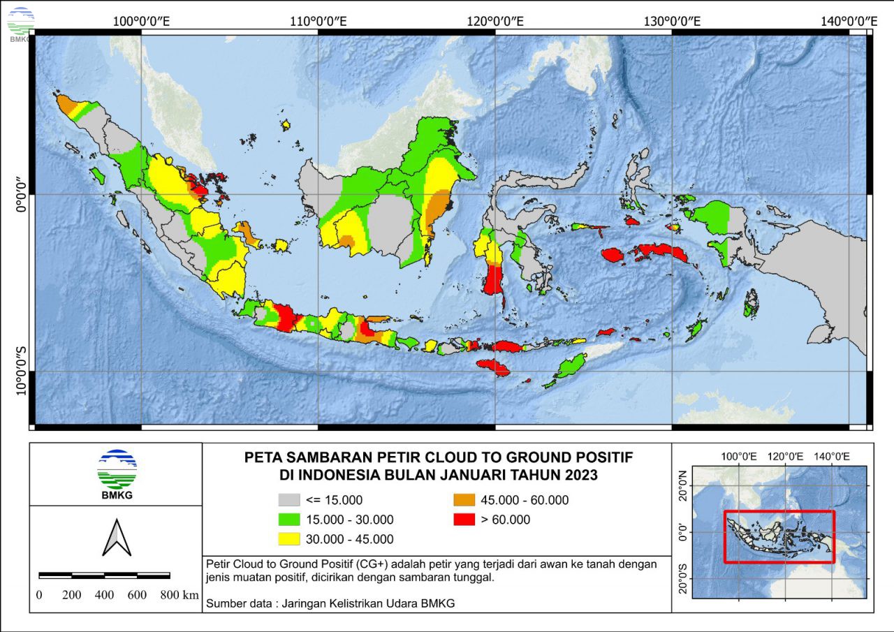 Peta Sambaran Petir Cloud to Ground Positif di Indonesia Bulan Januari 2023
