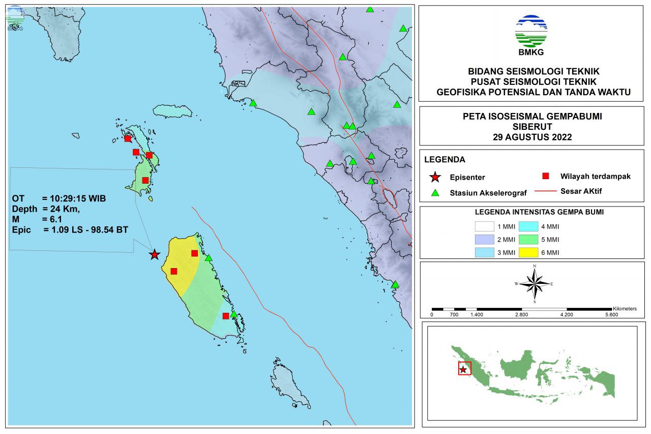 Peta Isoseismal Gempabumi Siberut - Sumatra Barat, 29 Juni 2022
