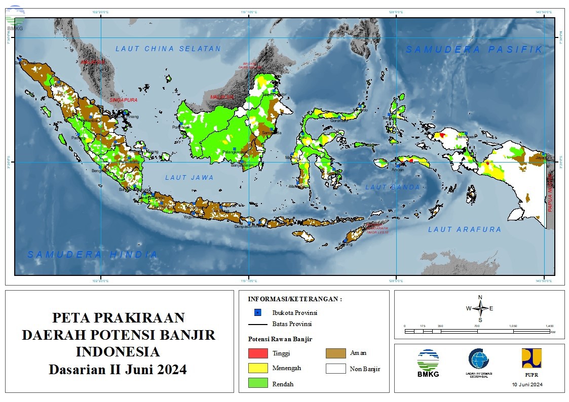 Prakiraan Daerah Potensi Banjir Dasarian II-III Juni & I Juli 2024