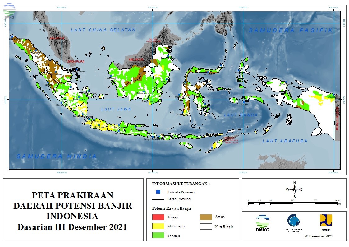 Prakiraan Daerah Potensi Banjir Dasarian III Desember 2021 dan Dasarian I-II Januari 2022