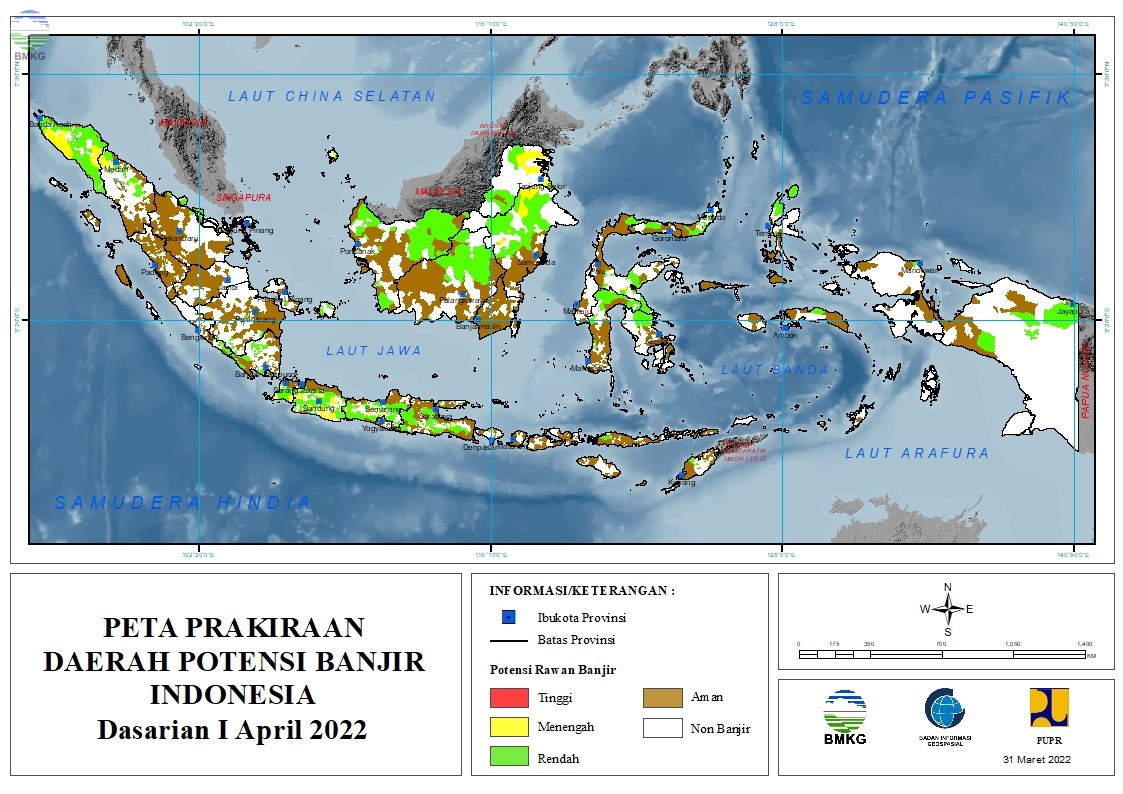 Prakiraan Daerah Potensi Banjir Dasarian I-III April 2022