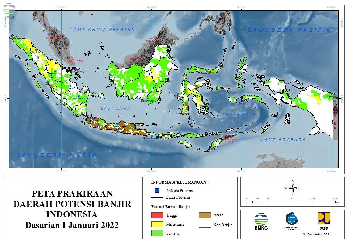 Prakiraan Daerah Potensi Banjir  Dasarian I-II Januari 2022