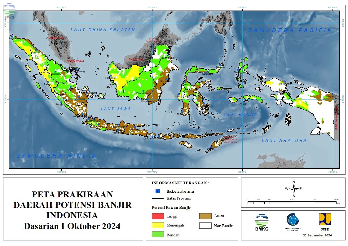 Prakiraan Daerah Potensi Banjir Dasarian I-III Oktober 2024