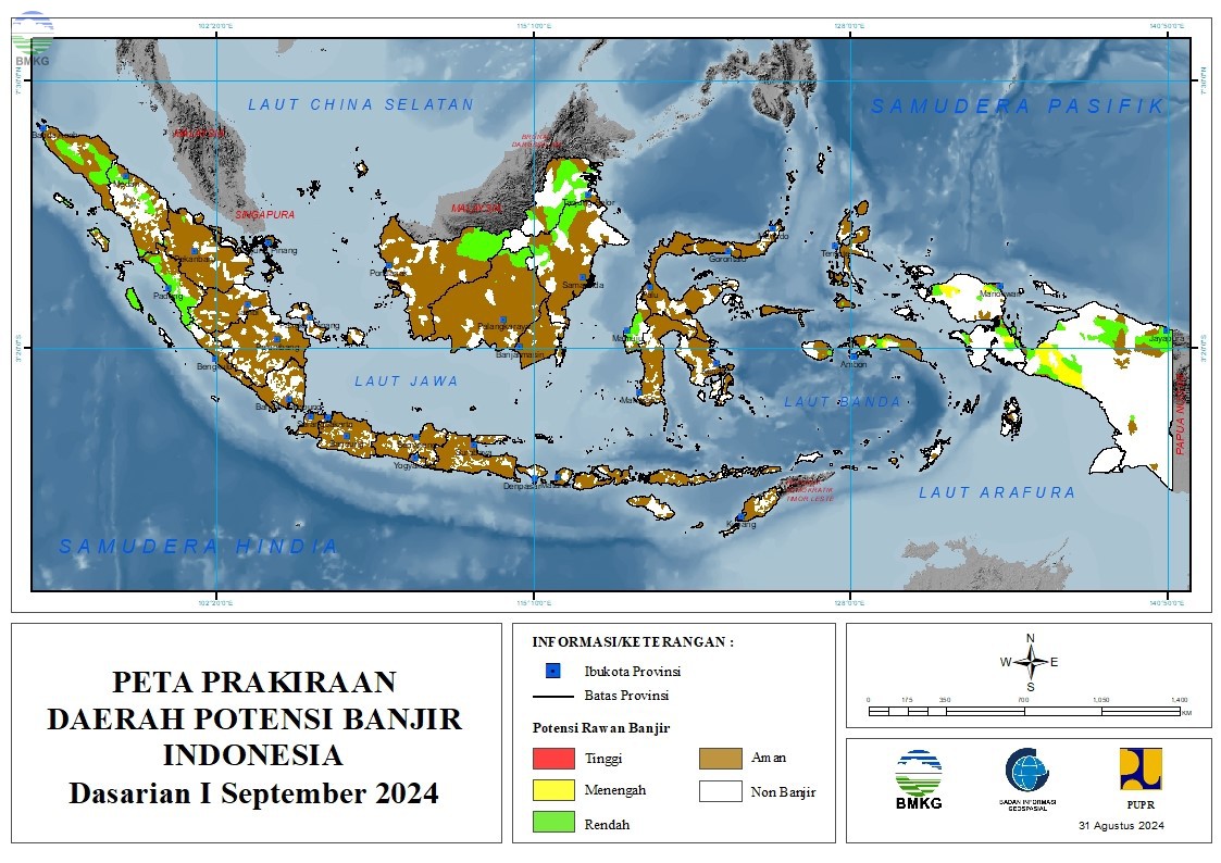 Prakiraan Daerah Potensi Banjir Dasarian I-III September 2024