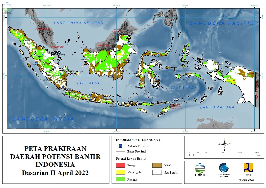 Prakiraan Daerah Potensi Banjir Dasarian II-III April dan Dasarian I Mei 2022