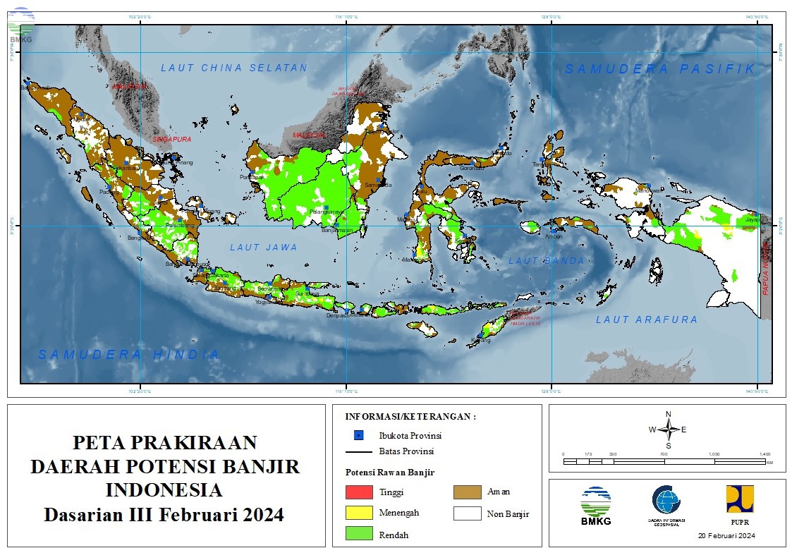 Prakiraan Daerah Potensi Banjir Dasarian III Februari & I-II Maret 2024