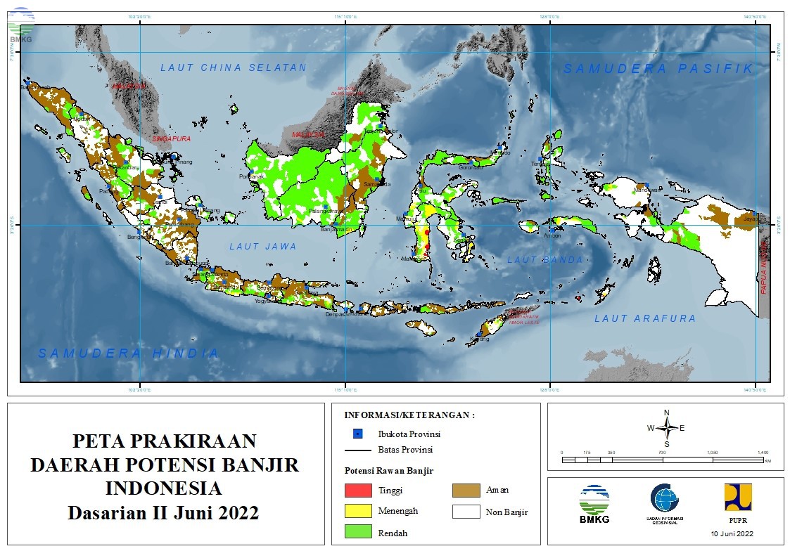 Prakiraan Daerah Potensi Banjir Dasarian II-III Juni dan Dasarian I Juli 2022
