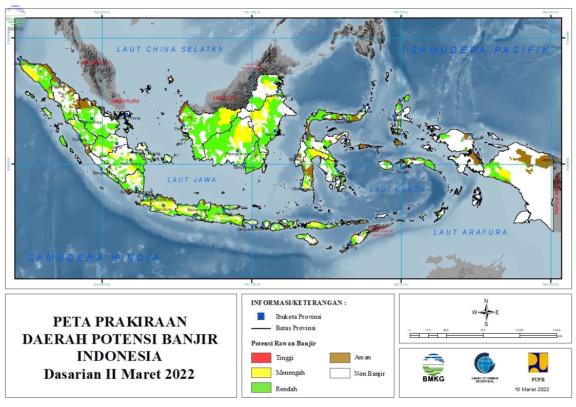 Prakiraan Daerah Potensi Banjir Dasarian II-III Maret dan Dasarian I April 2022