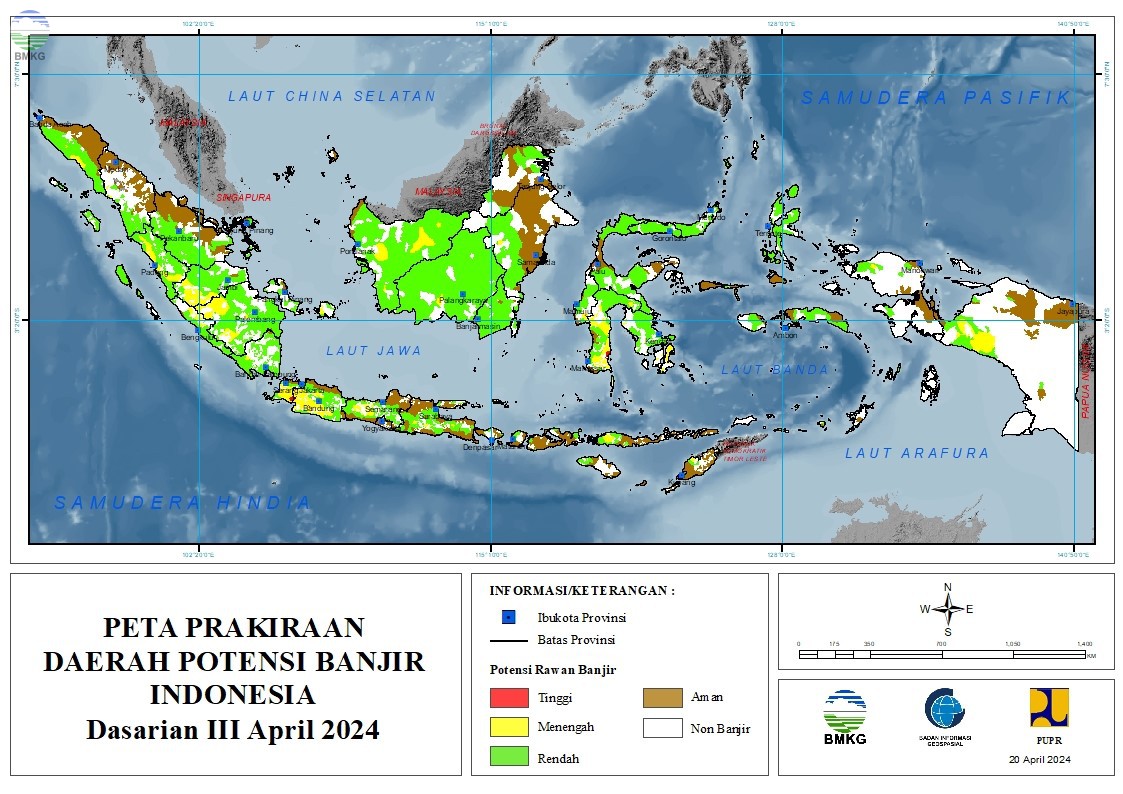 Prakiraan Daerah Potensi Banjir Dasarian III April & I-II Mei 2024