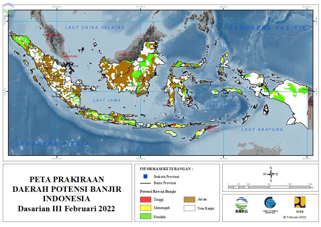Prakiraan Daerah Potensi Banjir Dasarian III Februari dan Dasarian I-II Maret 2022