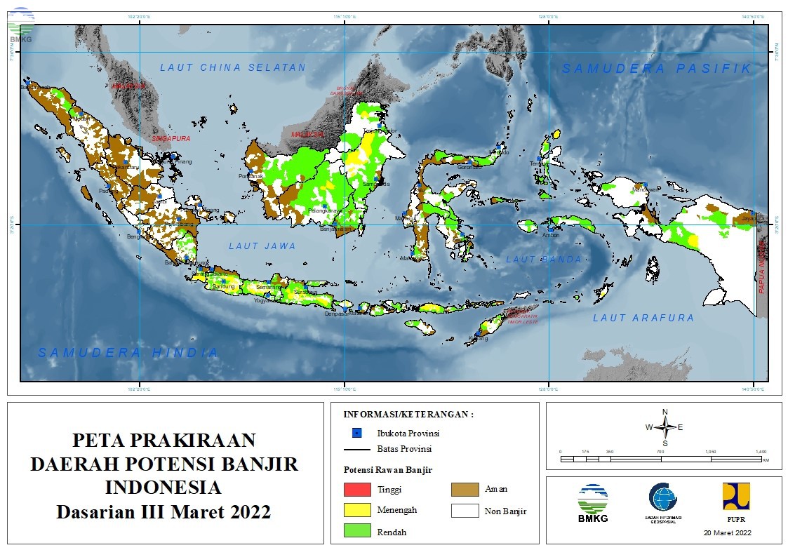 Prakiraan Daerah Potensi Banjir Dasarian III Maret dan Dasarian I-II April 2022