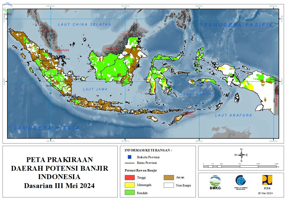 Prakiraan Daerah Potensi Banjir Dasarian III Mei & I-II Juni 2024