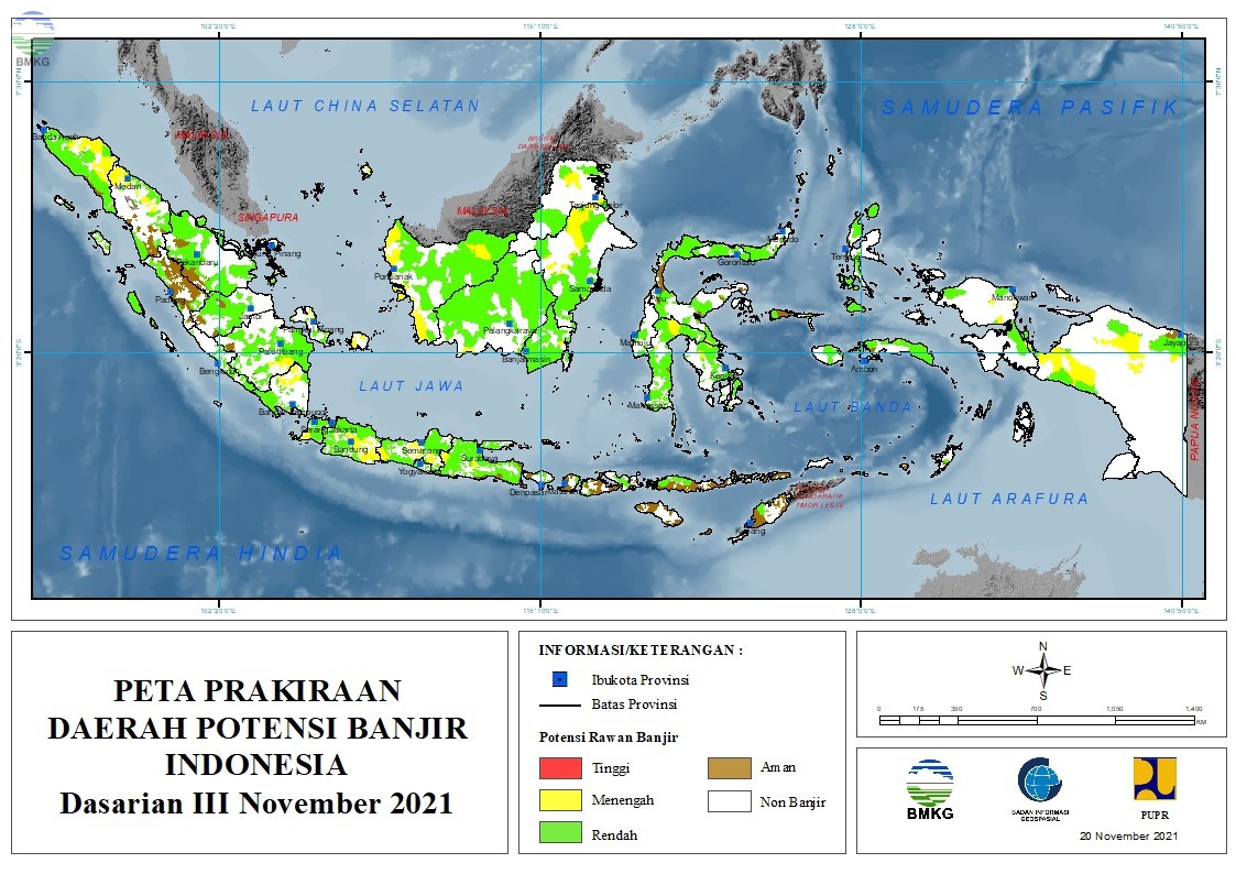 Prakiraan Daerah Potensi Banjir Dasarian III November dan I-II Desember 2021
