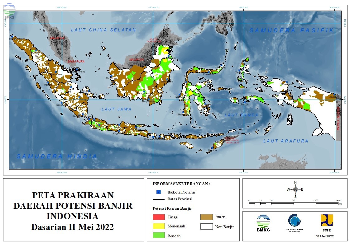 Prakiraan Daerah Potensi Banjir Dasarian II-III Mei dan Dasarian I Juni 2022