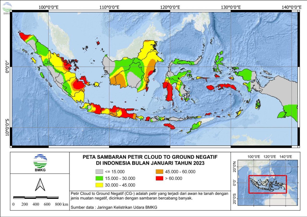 Peta Sambaran Petir Cloud to Ground Negatif di Indonesia Bulan Januari 2023