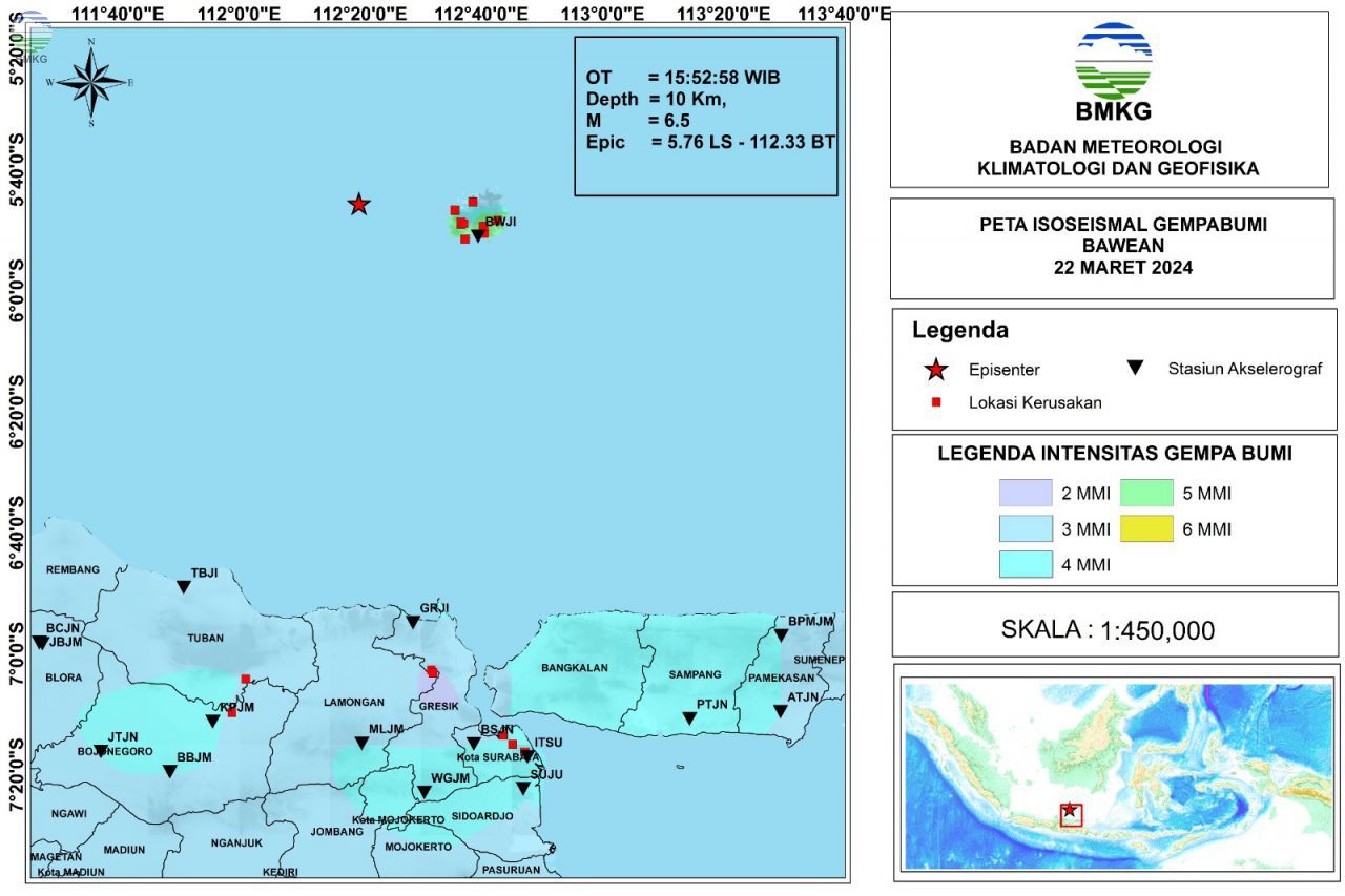 Peta Isoseismal Gempabumi Bawean - Jawa Timur, 22 Maret 2024