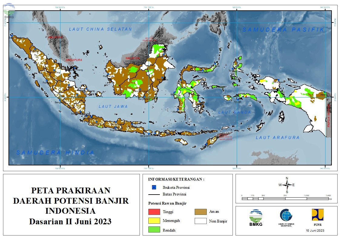 Prakiraan Daerah Potensi Banjir Dasarian II-III Juni dan I Juli 2023