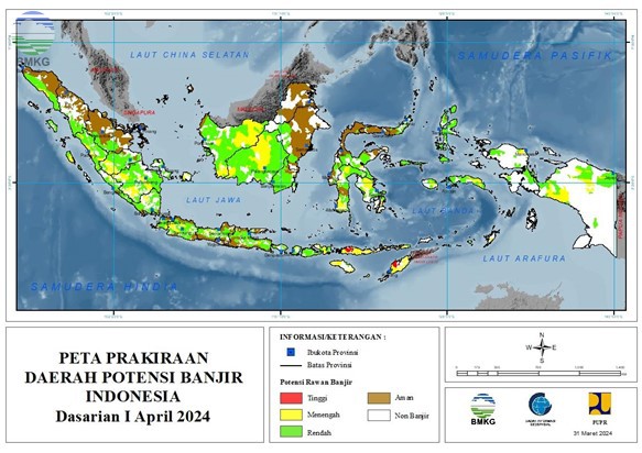 Prakiraan Daerah Potensi Banjir Dasarian I-III April 2024