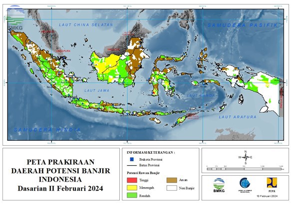 Prakiraan Daerah Potensi Banjir Dasarian II, III Februari & I Maret 2024
