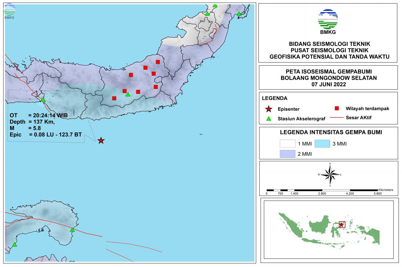 Peta Isoseismal Gempabumi Bolaang Mongondow Selatan - Gorontalo, 07 Juni 2022