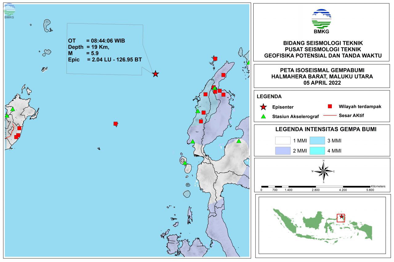 Peta Isoseismal Gempabumi Halmahera Barat - Maluku Utara, 05 April 2022