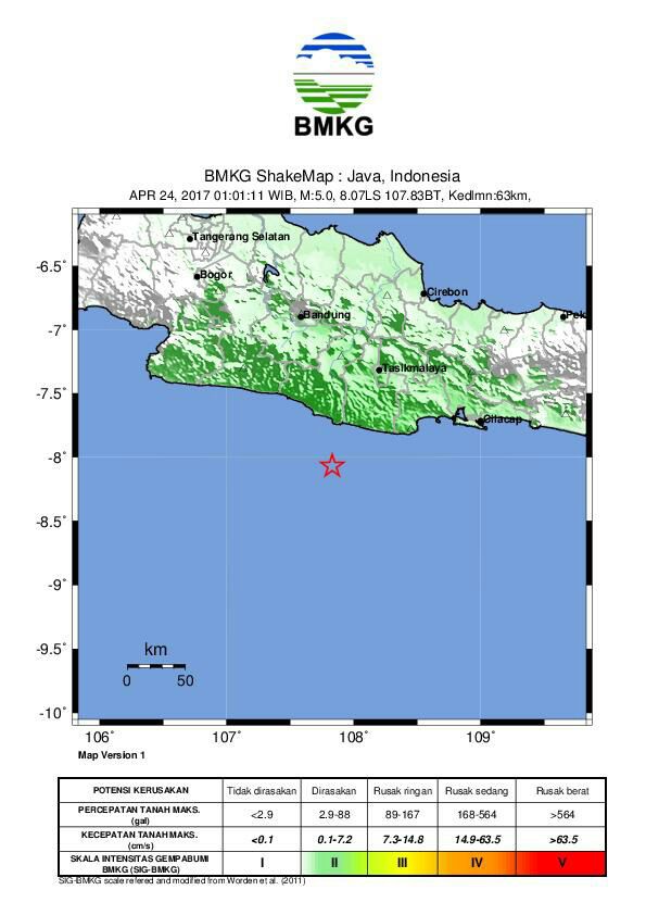 Gempabumi M=5,0 Guncang Wilayah Selatan Jawa Barat