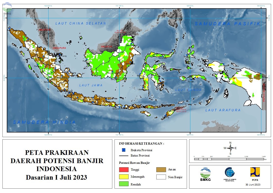 Prakiraan Daerah Potensi Banjir Dasarian I-III Juli 2023