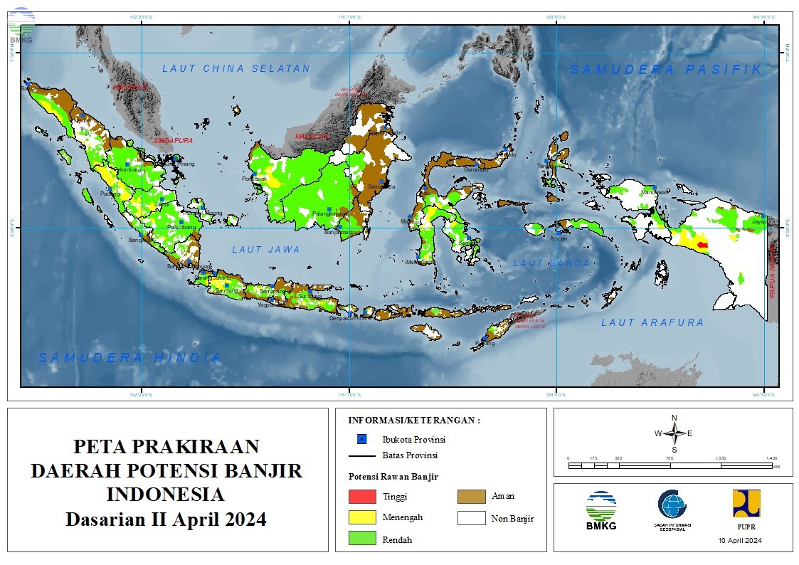 Prakiraan Daerah Potensi Banjir Dasarian II-III April & I Mei 2024