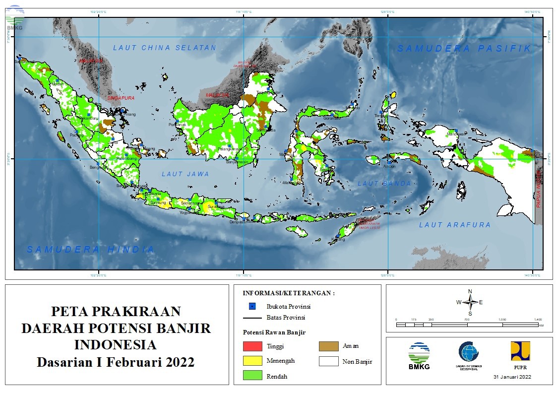 Prakiraan Daerah Potensi Banjir Dasarian I-III Februari 2022