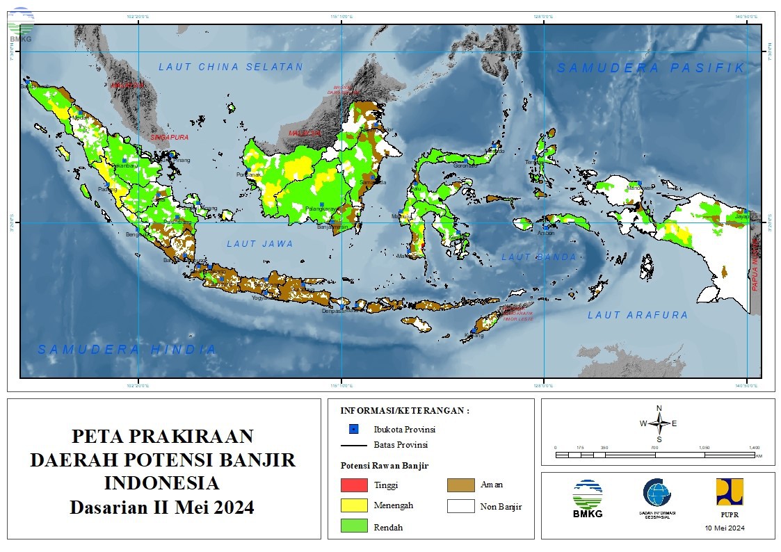 Prakiraan Daerah Potensi Banjir Dasarian II-III Mei & I Juni 2024