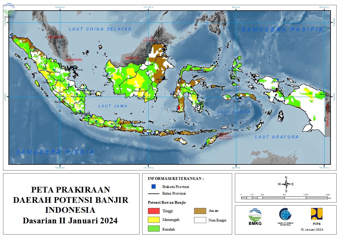 Prakiraan Daerah Potensi Banjir Dasarian II-III Januari & I Februari 2024