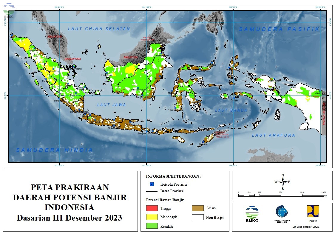 Prakiraan Daerah Potensi Banjir Dasarian III Desember 2023 & I-II Januari 2024
