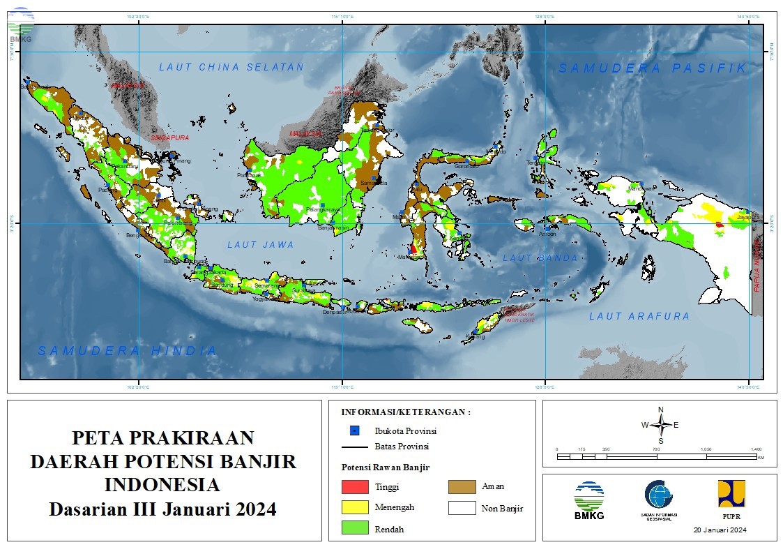 Prakiraan Daerah Potensi Banjir Dasarian III Januari & I-II Februari 2024