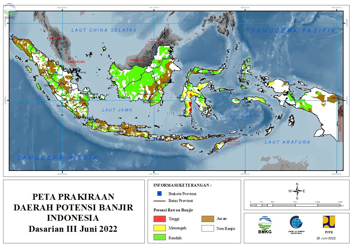 Prakiraan Daerah Potensi Banjir Dasarian III Juni dan Dasarian I-II Juli 2022