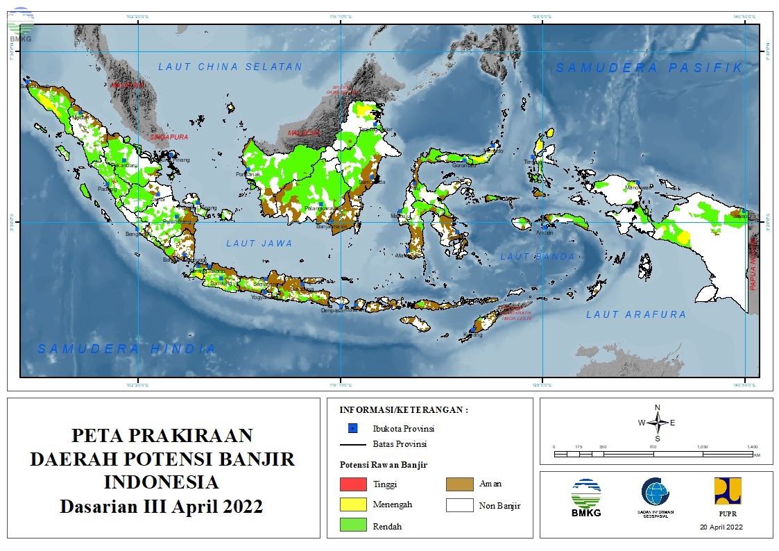 Prakiraan Daerah Potensi Banjir Dasarian II-III April dan Dasarian I Mei 2022