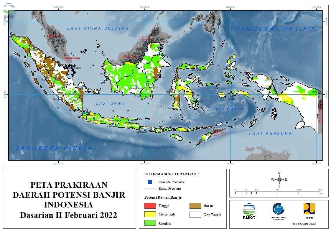 Prakiraan Daerah Potensi Banjir Dasarian II-III Februari dan Dasarian I Maret 2022