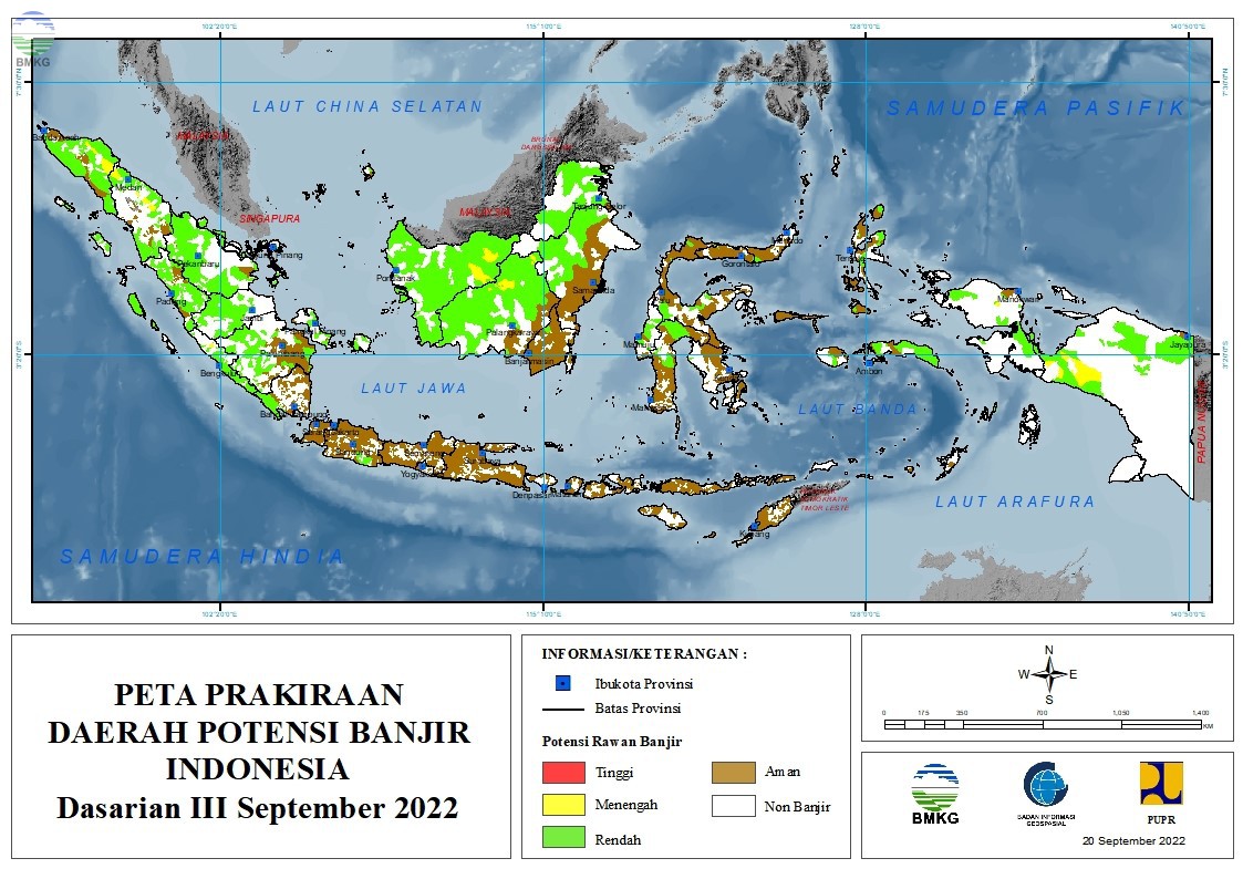Prakiraan Daerah Potensi Banjir Dasarian III September, I & II Oktober 2022